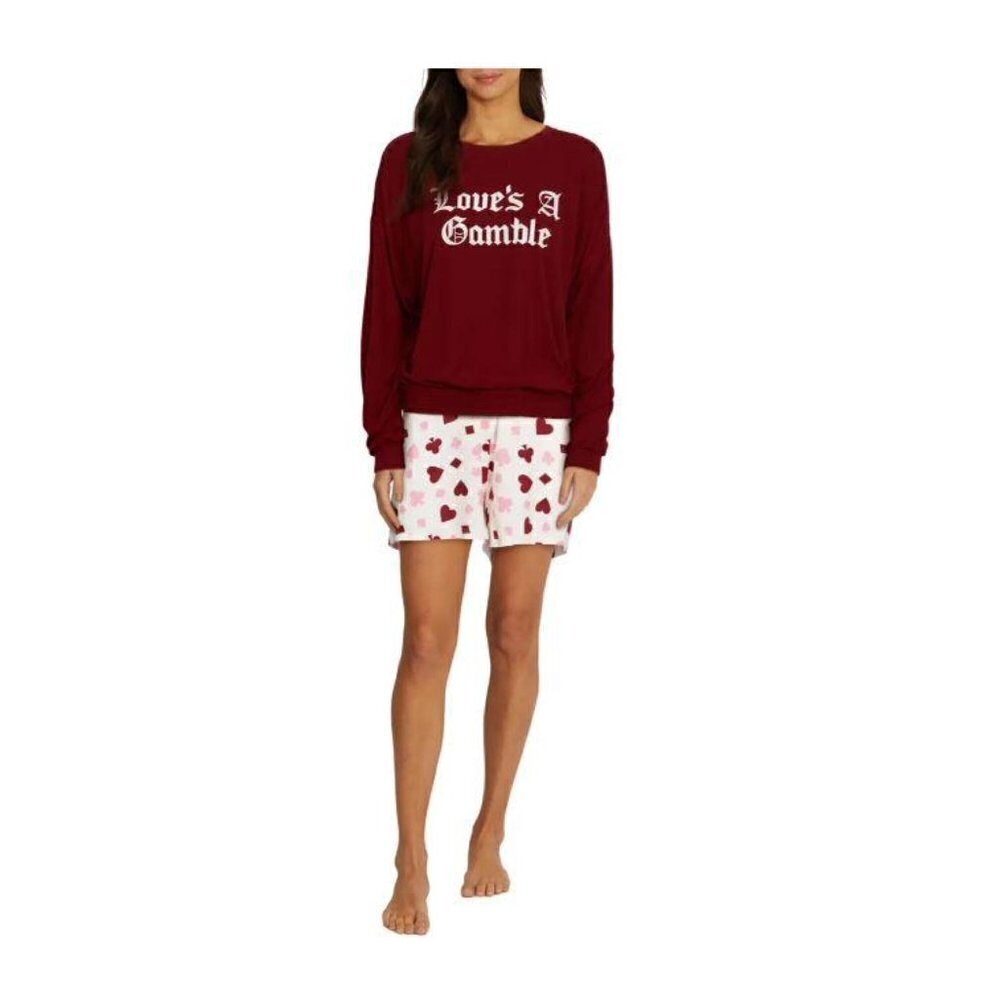 Wildfox Intimates Womens Red White Hearts Soft Shorty Pajamas 2 Pc Sets Sz M New